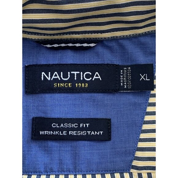 Nautica Men's Top Button Up Long Sleeve Shirt Yellow Blue Striped Pocket XL - Picture 10 of 11
